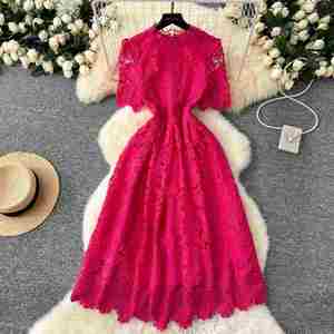 Vestido Midi de Primavera Vintage con Encaje y Tejido Sólido, Corte A, para Mujer, Casual, Ecológico, Transpirable, Lavable, Antiarrugas, Estilo Imperio - Product Image 1