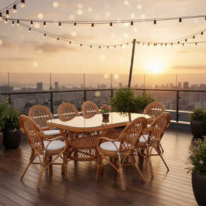 Juego de Comedor de Ratán Moderno JAVA para Uso Comercial en Hoteles y Restaurantes con Mesa Larga y Muebles de Diseño Moderno - Product Image 1
