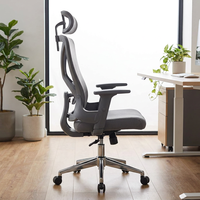 Chaise de bureau ergonomique en maille grise avec appui-tête réglable et base chromée polie pour un espace de travail moderne