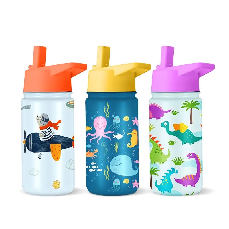 14oz 18oz bottiglia d'acqua per bambini in acciaio inossidabile cannuccia per bambini Bpa Free Kids Drink School Cute Pattern Water Bottle