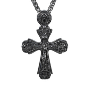 Collier pendentif croix ornée en acier inoxydable 316L avec perles de chapelet mains en prière 3D pour homme, bijoux vintage gothique, style motard, audacieux et rétro - Product Image 5