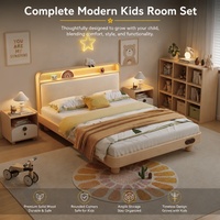 Massives Eichenholz Europäisches Design Kinderbett mit LED-Kopfteil und Ablage Umweltfreundliches Einzelbett für Kinder Modernes Schlafzimmer