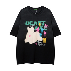 Camiseta de Manga Corta de Algodón 100% de 320g, Estilo Hip Hop, con Diseño de Conejo de Dibujos Animados, Lavado Ácido, Transpirable, Talla Grande, Color Rosa Degradado - Product Image 6
