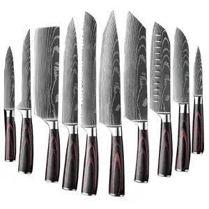 Kochmesser 10 Stück Set Küchenmesser Laser Damaskus Muster Scharfes japanisches Santoku Cleaver Slicing Utility Knife
