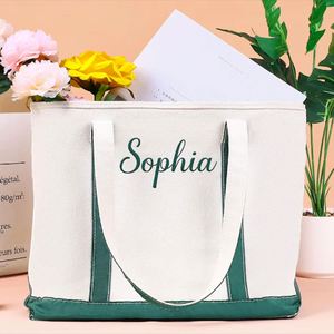 Keymay Large Custom Logo Cotton Canvas <b>Tote</b> Bag Women Embroidered <b>Zip</b> Shoulder Beach Weekender Shopping All Seasons Portable - Product Image 4