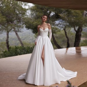 LY-WD1014 Abiti da <span class=keywords><strong>Sposa</strong></span> in Raso con Corsetto e Maniche Staccabili, Stile Francese, Bianco Avorio, Taglia Personalizzabile - Product Image 4