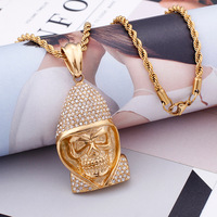 Pendentif en acier inoxydable doré en forme de crâne, style Hip Hop créatif, serti de pierres, pour homme