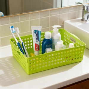 Storage Basket Rectangle White Plastic Desktop Organizer For Cosmetics <b>Makeup</b> Storage <b>Drawer</b> Container With Handles - Product Image 2