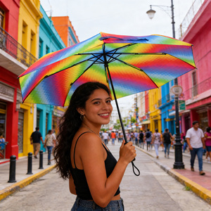 Nouveauté - Parapluie pliant à 3 sections à carreaux arc-en-ciel en gros |   21 pouces, 8 nervures, idéal pour l'Amérique latine et le <span class=keywords><strong>Mexique</strong></span> - Product Image 2