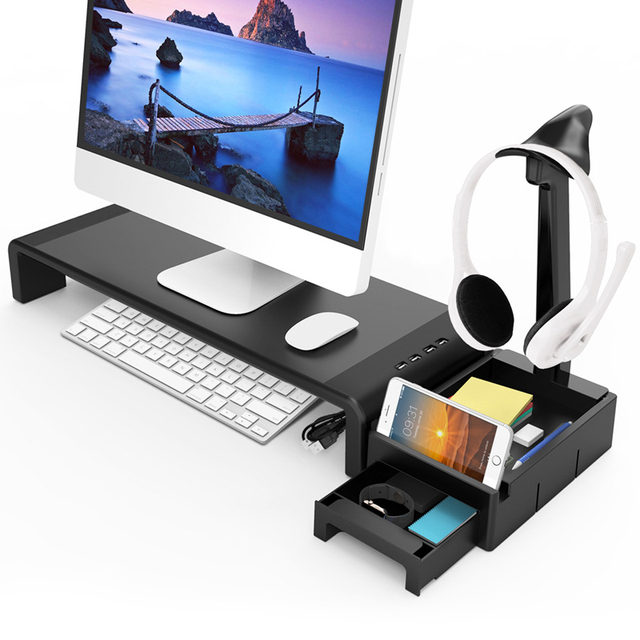Multi-function Foldable Computer Monitor Riser Screen Holder Table with Usb Charger Drawer Headphone Holder