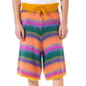 Custom OEM & ODM men knitted Loose Shorts winter Knit Pants men knitwear Striped Mohair-Blend Drawstring mohair Shorts