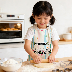 Tablier pour enfants Hello Panda, vert à carreaux, imprimé dessin animé, unisexe, pour enfants de 2 à 4 ans, polyester anti-salissure - Product Image 3