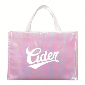 Custom Reusable Pink Holographic Metallic Shiny Laminated Non Woven <b>Bag</b> Iridescent Non-Woven Shopping Tote <b>Bag</b> With Logo - Product Image 4