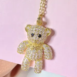 High Quality Animal Pendant Pave CZ Gemstone 18K Gold Plated Cute Bear Teddy Necklace for Women