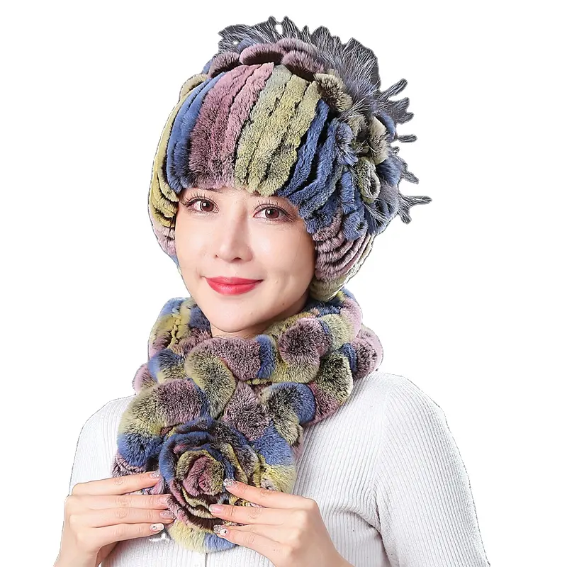 महिलाओं की शरद ऋतु और सर्दियों के गर्म खरगोश फर टोपी उच्च गुणवत्ता वाले टोपी स्कार्फ सेट आउटडोर कान सुरक्षा बुना हुआ पुलोवर
