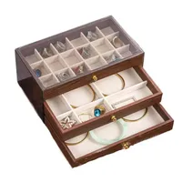 Boîte à bijoux rectangulaire en bois multicouche avec fenêtre transparente pour le rangement de colliers, bracelets et boucles d'oreilles