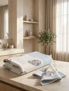 Indian Wholesale Export Hand Block Printed Waffle Cotton 1 <b>Bath</b> & 2 Hand <b>Towel</b> <b>Set</b> Reversible Bedding for Home Hotel - Product Image 1