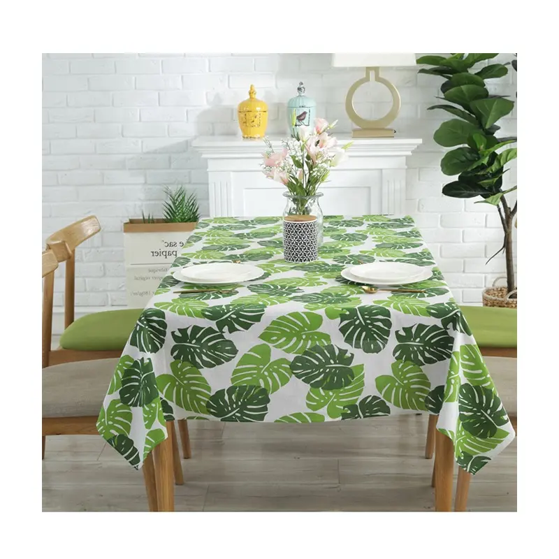 Decor Table Cloth Wholesale Restaurant Decoration Polyester/Cotton Printed Green Tropical Leaf Table Cloth