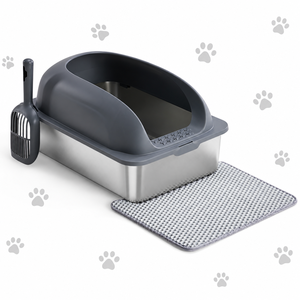 Arenero grande de acero inoxidable al por mayor con tapa para gatos grandes, bandeja de metal para inodoro de gatos con pala y alfombrilla para arena. - Product Image 3
