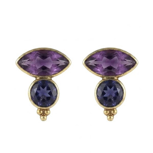 Magnifiques boucles d'oreilles clous en laiton plaqué or avec améthyste et iolite, pour le quotidien, le bureau ou les soirées. - Product Image 1