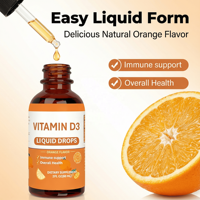 OEM ODM Gouttes liquides de vitamine D3 à saveur d'orange pour adultes - 60 ml, 2 ml par portion |   Soutien immunitaire énergétique |   Durée de conservation de 24 mois |   Fabriqué