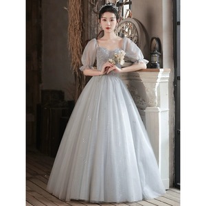 Silver Gray Ball Gown Off The Shoulder Empire Waist Vintage Evening Dress For Birthday Graduation Ceremony - Product Image 2