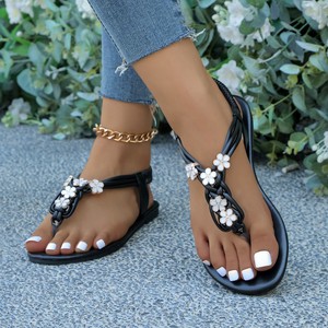Summer Women Flower <b>Thong</b> Sandals Elastic Ankle Strap Anti Slip Vacation <b>Beach</b> Flat Flip Flops - Product Image 2