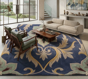 Floral Area <b>Rug</b> Rectangle Blue Gold Cream Transitional Hand Loom Wool Acrylic Medium Pile Living Room <b>Rug</b> - Product Image 2