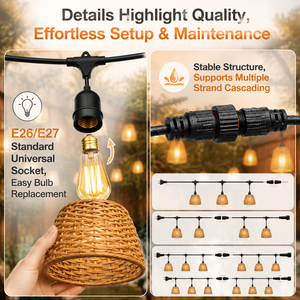 Guirnalda de Luces E27 para Exteriores con Pantalla de <span class=keywords><strong>Campana</strong></span> de Mimbre, Guirnalda de Luces Personalizada con Cable para Jardín, Cafetería, Decoración de Eventos - Product Image 5