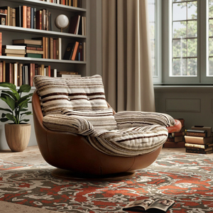 Fauteuil pivotant rétro en tissu, chaise de loisirs en bois massif, canapé individuel en bois massif pour bureau, maison d'hôtes, salon, salle de séjour - Product Image 1