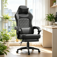 Silla Gaming de Cuero con Cojín de Muelles Ensacados, Masaje Ergonómico, Reposapiés, Altura Ajustable, Patas Cónicas y Respaldo Alto