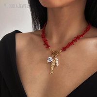 Collier avec pendentif en forme de cœur multi-poissons NM59452, coquillage de corail rouge, collier ras du cou, bijoux bohèmes d'été, cadeau sur le thème de la vie marine
