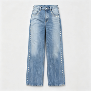 Jeans de mezclilla de mujer OEM ODM personalizados, transpirables, de verano, de cintura alta, de pierna ancha, con lavado arrugado y ajuste holgado - Product Image 2