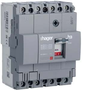 HDA081L ปรับแต่งได้ด้วยเซอร์กิตเบรกเกอร์แบบหล่อขึ้นรูปของ Hagers รุ่น h3 x160 TM 4P 18kA 80A - Product Image 1