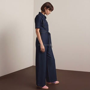 Combinaison en jean personnalisée pour femme avec col chemise, fermeture éclair frontale, ceinture et <span class=keywords><strong>pantalon</strong></span> <span class=keywords><strong>large</strong></span> - Product Image 2