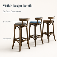 Tabouret de bar en bois foncé avec dossier incurvé, repose-pieds circulaire et siège rembourré pour îlot de cuisine, café, bistrot, restaurant