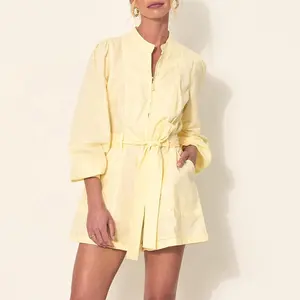 Wholesale 2023 Elegant Fashion Casual Women Slim O-neck Short Jumpsuit Leisure Long Sleeve Playsuit 100% Linen and Cotton