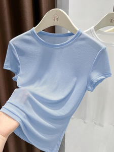 Màu Xanh Lưới Ngắn Tay Áo <span class=keywords><strong>T</strong></span>-Shirt Cho Phụ Nữ Vòng Cổ Cơ Sở Giảm Béo Lớp Thường Xuyên Vai Hollow-out Xem Qua Thiế<span class=keywords><strong>t</strong></span> Kế Mùa Hè - Product Image 6