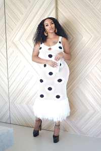 A10558 Migugarment Nuovo <span class=keywords><strong>Abito</strong></span> Casual da Donna Alla Moda con Nappe e Dettagli a Pois Neri, Maxi <span class=keywords><strong>Abito</strong></span> in Maglia, Saldi Estate 2025 - Product Image 6