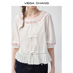 VEGA CHANG Camicetta <span class=keywords><strong>Bianca</strong></span> e Rossa Ricamata per Donne, Dettaglio Fiocco, Maniche a Sbuffo, Orlo Plissettato, Collo Tondo, Top Casual - Product Image 4