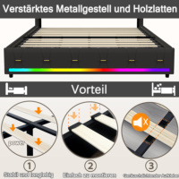 Plongez dans la musique avec le lit en velours, les doubles enceintes Bluetooth, les tiroirs dorés et les lumières RGB 400 couleurs Beige Gris Noir