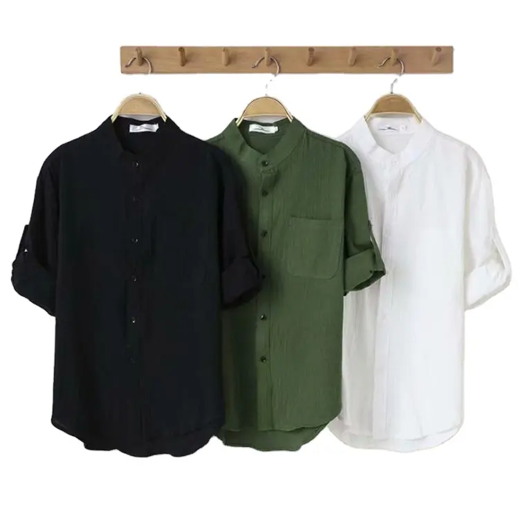 Camisas de lino y algodón para hombre, camisa informal de media manga con soporte de color sólido, talla m-3xl, ropa de verano