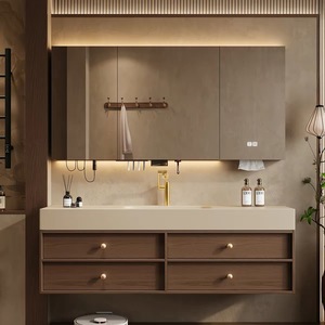 Ensemble <span class=keywords><strong>de</strong></span> meuble-lavabo <span class=keywords><strong>de</strong></span> <span class=keywords><strong>salle</strong></span> <span class=keywords><strong>de</strong></span> <span class=keywords><strong>bain</strong></span> <span class=keywords><strong>de</strong></span> style mi-siècle personnalisé avec lavabo intégré, meuble-vasque et armoire pour lavabo. - Product Image 1
