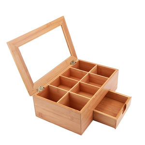 Bamboo <b>Tea</b> Storage <b>Box</b> With Glass Lid 33.1x21x10cm Divided Compartments Drawer For Desktop Home Use - Product Image 5