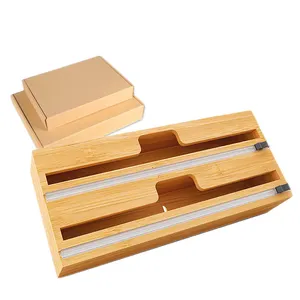 RAYBIN Kitchen 2 in 1 roll organizer holder bamboo wood aluminum foil and wax paper plastic wrap dispenser storage with cutter