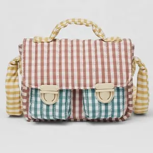 New fresh color matching checkered cotton soft shoulder ZA bag for girls