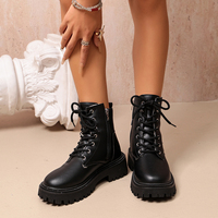 Bottines à lacets pour femmes, fermeture éclair latérale, plateforme épaisse, bout rond, en cuir PU, noires et crème, chaussures d'hiver
