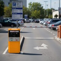 Système de gestion des entrées résidentielles en métal pour parking, avec lecteur de carte de crédit, système Q-Ban, boîte à tickets et gestion des cartes de paiement.