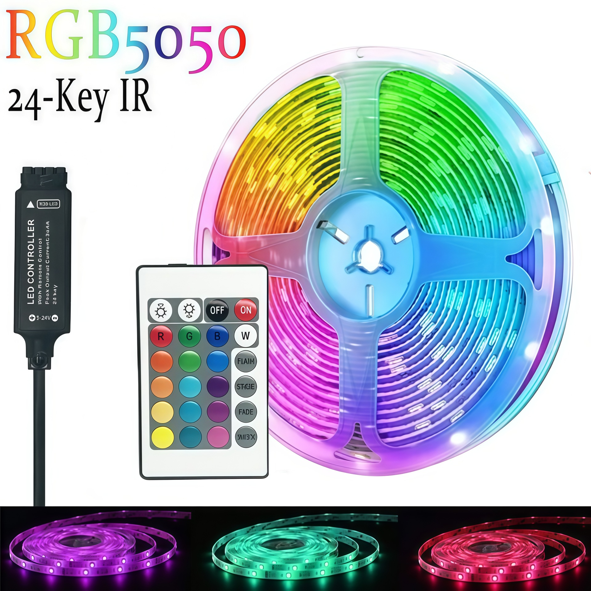 5050 RGB + Control Remoto con 24 Botones [12 LEDS/m]