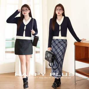 แฮปปี้ พลัสเสื้อถักคอวีสีบล็อกแขนยาวเสื้อสเวตเตอร์ผู้หญิงไซส์ใหญ่สีฟ้าเจมสโตนสไตล์วิทยาลัย N8825 - Product Image 4